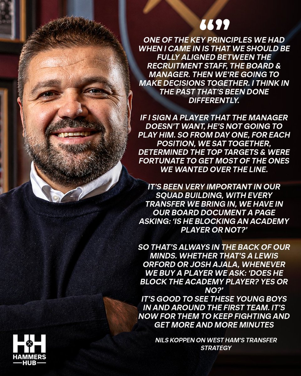 HammersHubWHUFC's tweet photo. West Ham’s recruitment process has CHANGED. David Sullivan's scattergun approach of the past has been replaced by the board, recruitment team &amp; Nuno all agreeing on targets together. ⚒️

Every signing is now assessed against whether it would block an Academy player’s path. 👏 https://t.co/IsL9Zmo7P2