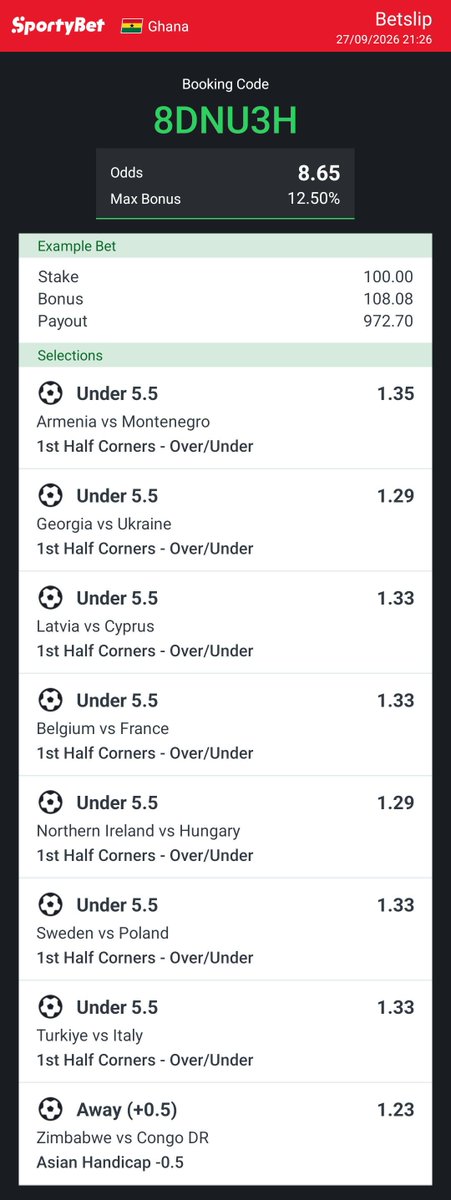 albert_baf48587's tweet photo. CORNER MASTERCLASS 🚩📊

CODE: 8DNU3H | ODDS: 8.65
100 GHS → 972 GHS 💰

Strategy: Under 5.5 1H Corners (Intl games data)

Full breakdown on Telegram 👇
Join: https://t.co/XiXzca2g6P 

#AlbertoWins #FabrizioRomano #HereWeGo #SportyBet #BettingTwitter #BettingTips #TelegramTips #FootballTwitter #GhanaBetting #Corners #Accumulator #FOLLOWWHOKNOWROAD