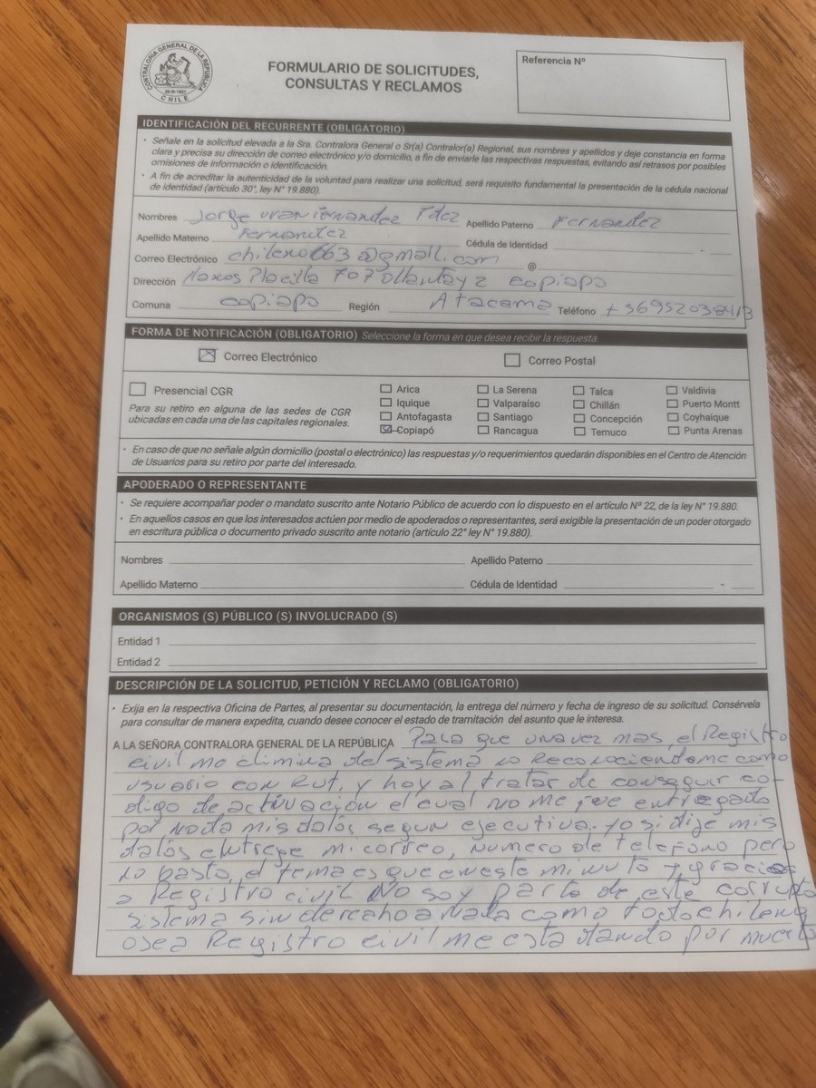FERNANDEJORGE's tweet photo. @RegCivil_Chile en vista que registro civil me declara muerto es que deje mi reclamo en contraloría de la republica por negarme a hacer uso de mi clave unica .siguiente paso los canales de TV acusando discriminación al negarme clave unica https://t.co/JAqg05vRdV