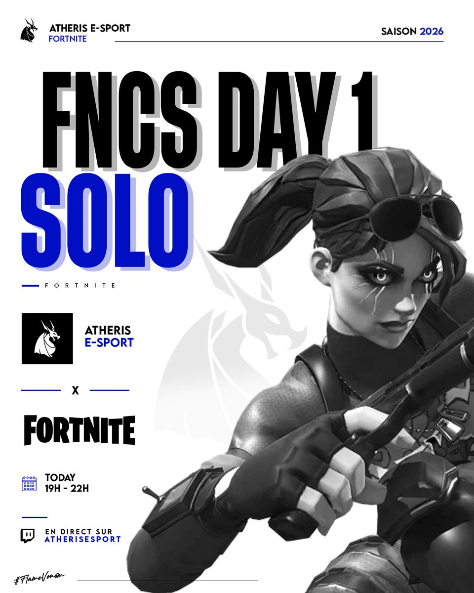 AtherisEsport's tweet photo. 🏆 FORTNITE - FNCS SOLO DAY 1

Les choses sérieuses commencent pour nos dragons ! 💪

Venez découvrir @KLEMZ1_ qui sera au cast sur notre chaîne officielle !🎙️ 
🔗 : https://t.co/qk0QxRUeYm

#Fortnite #FNCS #FlameVenom https://t.co/AKeqMNskQn