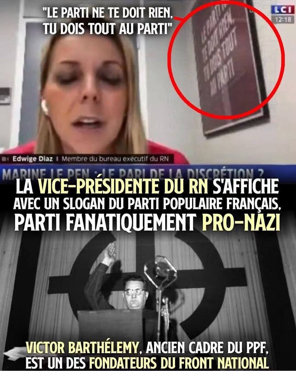 Thierryef's tweet photo. @Frontieresmedia @diaz_edwige La raciste qui a dans son bureau un tableau de nazis avec un slogan du parti populaire français,  parti fanatiquement pro-nazis. https://t.co/ZpY6bwhK9Z