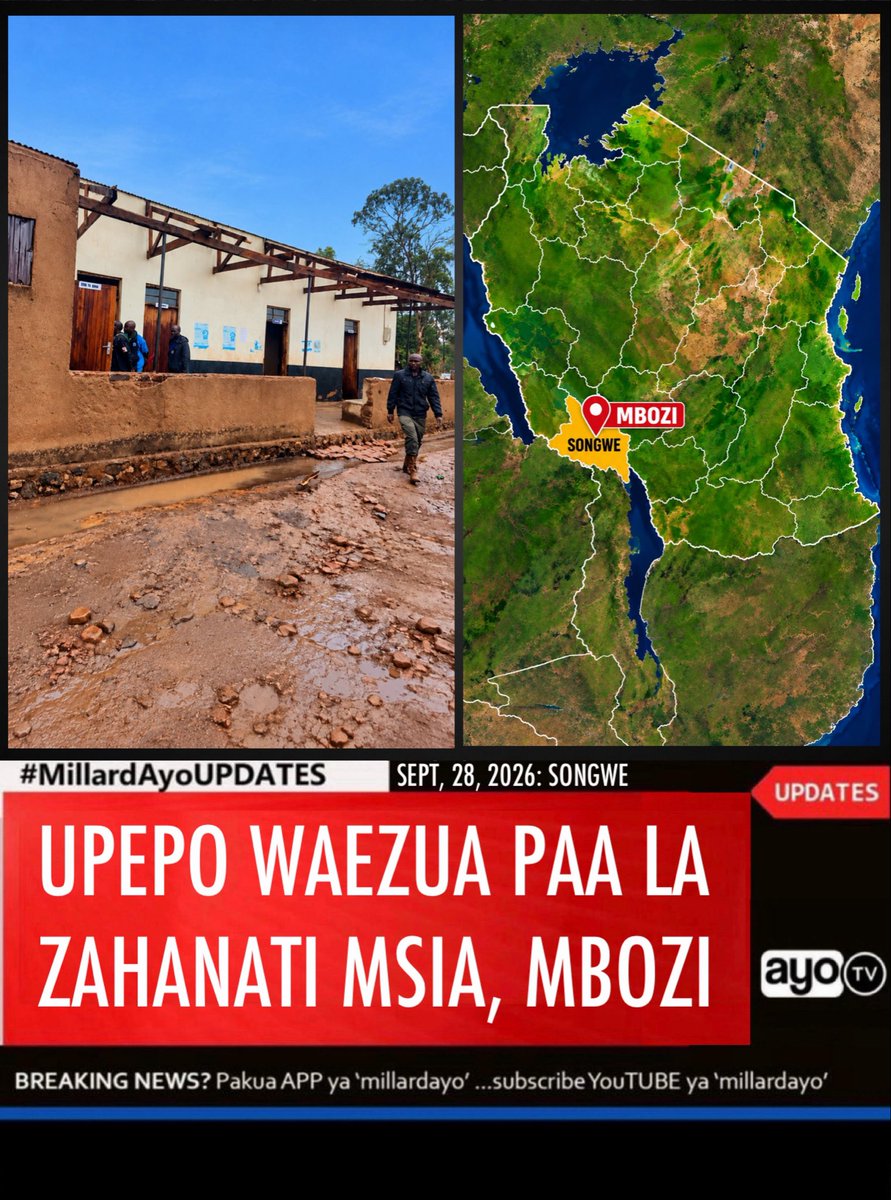 millardayo's tweet photo. Zahanati ya Iganduka iliyopo Kata ya Msia, Wilaya ya Mbozi mkoani Songwe imeezuliwa sehemu ya paa kufuatia upepo mkali ulioambatana na mvua iliyonyesha jana, Septemba 27, 2026.

Kwa mujibu wa Mashuhuda, upepo huo uliibuka ghafla na kusababisha madhara katika zahanati hiyo pamoja na nyumba za baadhi ya Wananchi.

Miongoni mwa Wananchi ambao nyumba zao zimeezuliwa ni Vale Mosses Mwilenga, Jakaya Tulyanje na Abed Pazza.

Diwani wa Kata ya Msia, Godwell Mgalle, ametembelea Zahanati hiyo na kujionea madhara yaliyosababishwa na upepo huo.

Mgalle amesema Zahanati ya Iganduka ni miongoni mwa Zahanati zinazotegemewa na Wananchi wa kata hiyo kupata huduma za afya, hivyo ameiomba Serikali pamoja na Wadau mbalimbali kushirikiana kuirejesha katika hali yake ili Wananchi waendelee kupata huduma katika mazingira salama.

Aidha, Mgalle ametoa pole kwa Wananchi ambao nyumba zao zimeathiriwa na upepo huo, huku akisisitiza umuhimu wa kuchukuliwa hatua za haraka kuwasaidia waathirika.
#MillardAyoUPDATES