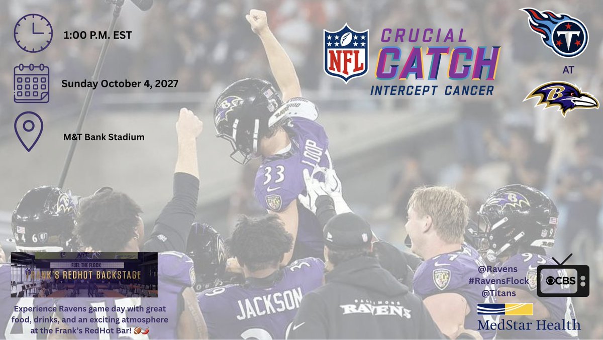 LinckNicky's tweet photo. Join us at M&amp;T Bank Stadium as the Ravens take on the Titans for Crucial Catch.
Intercept Cancer. Together.
#RavensFlock #CrucialCatch #SRM435 https://t.co/sqkELB3ahV