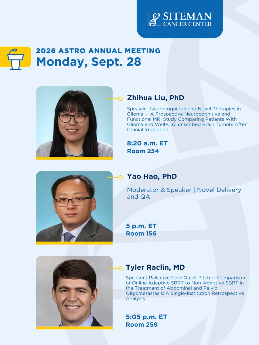 SitemanCenter's tweet photo. We're back for Day 3 at @ASTRO_org in Boston. Here's who's presenting today from @washumedicine and Siteman Cancer Center. #ASTRO26 https://t.co/cPMvgrz1Qt