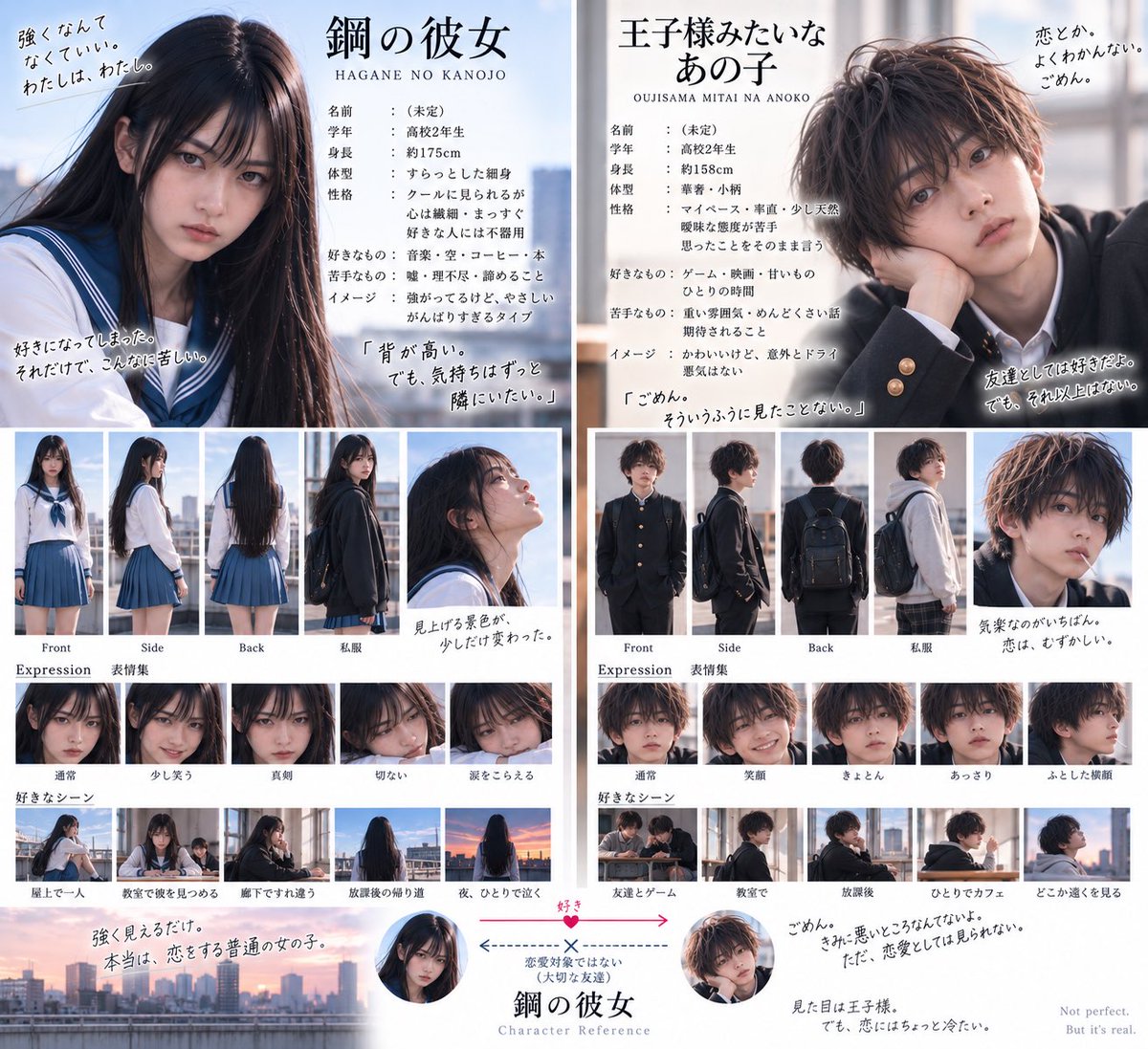 4AMChickProject's tweet photo. 『鋼の彼女』

175cm。背が高くて、クールで、強そうに見える彼女。
158cm。小柄で、ちょっと王子様みたいな彼。

好きになったのは、彼女のほうでした。
でも、その恋は叶わない。

MV制作に向けて、二人のキャラクターリファレンスを作りました。

強そうに見える人だって、
恋をして、傷ついて、ひとりで泣く。

🎧 4AM Chick『鋼の彼女』

#4AMChick #鋼の彼女 #生成AI #AI音楽 #AI映像 #MV制作