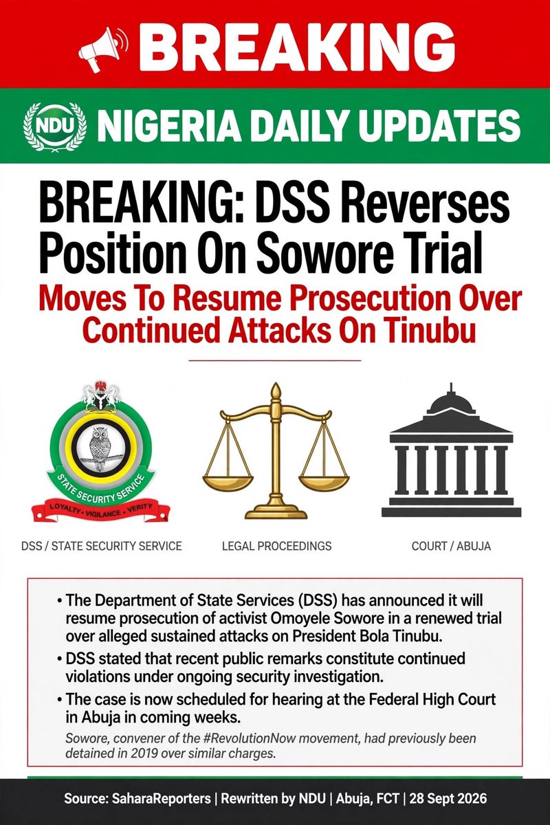 saheedabdul's tweet photo. DSS U-TURN: Sowore trial to resume immediately over alleged continued attacks on Pres Tinubu.

DSS earlier planned to suspend case till after 2027, now says Sowore refused to stop insulting Tinubu.

👉 https://t.co/zlydN4L7Do

#Sowore #DSS #Tinubu https://t.co/DtoUC5dM6y