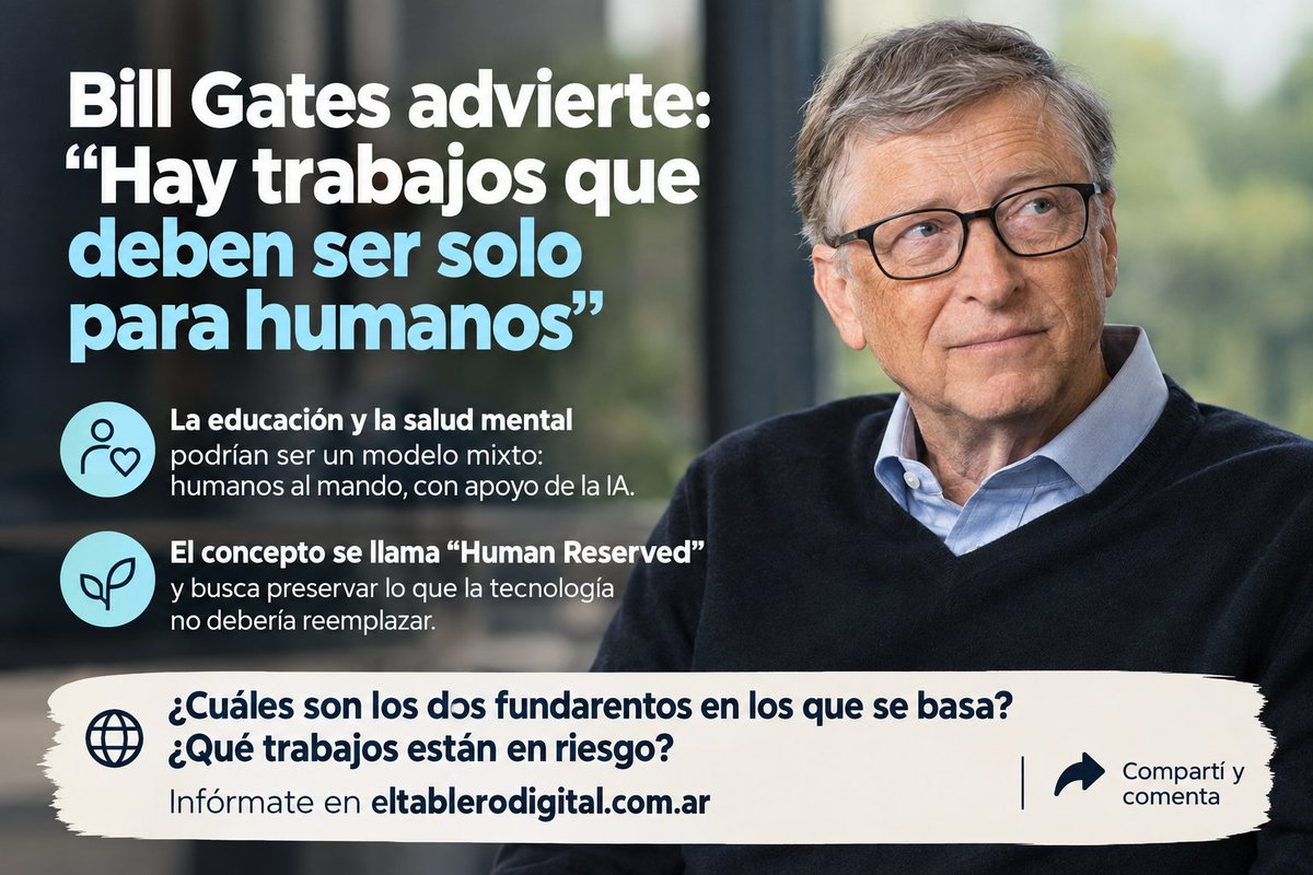 tablerodigital's tweet photo. ¿Y si algunos trabajos nunca deberían quedar en manos de una máquina? Bill Gates propone “Human Reserved”: preservar aquellas tareas donde la empatía, el juicio y el vínculo humano son irremplazables. 
https://t.co/hotC5n3Qsz

#InteligenciaArtificial #BillGates #FuturoDelTrabajo https://t.co/YjPDTDxIvV