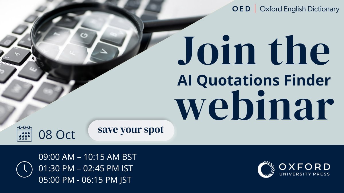 OED's tweet photo. The OED AI Quotations Finder uses LLM to interpret potential quotations from the EarlyPrint corpus and assign them to OED senses. Join us live or catch up later.
Register for the #OED #AI Quotations Finder webinar to see the tool and hear from the team. https://t.co/aRl96qugiD https://t.co/iZXA8riEOw