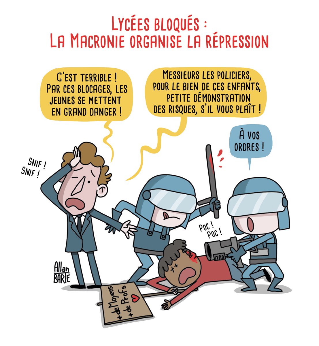 AllanBARTE's tweet photo. Les lycéens demandent des profs, des moyens et de meilleures conditions d’étude.
La réponse du gouvernement ? La même que d'habitude : la répression policière (pour leur bien !)

Pour soutenir la lutte dessinée, engagée et indépendante :
▶️ https://t.co/0masgFkJKG https://t.co/MFh3gEoCiJ