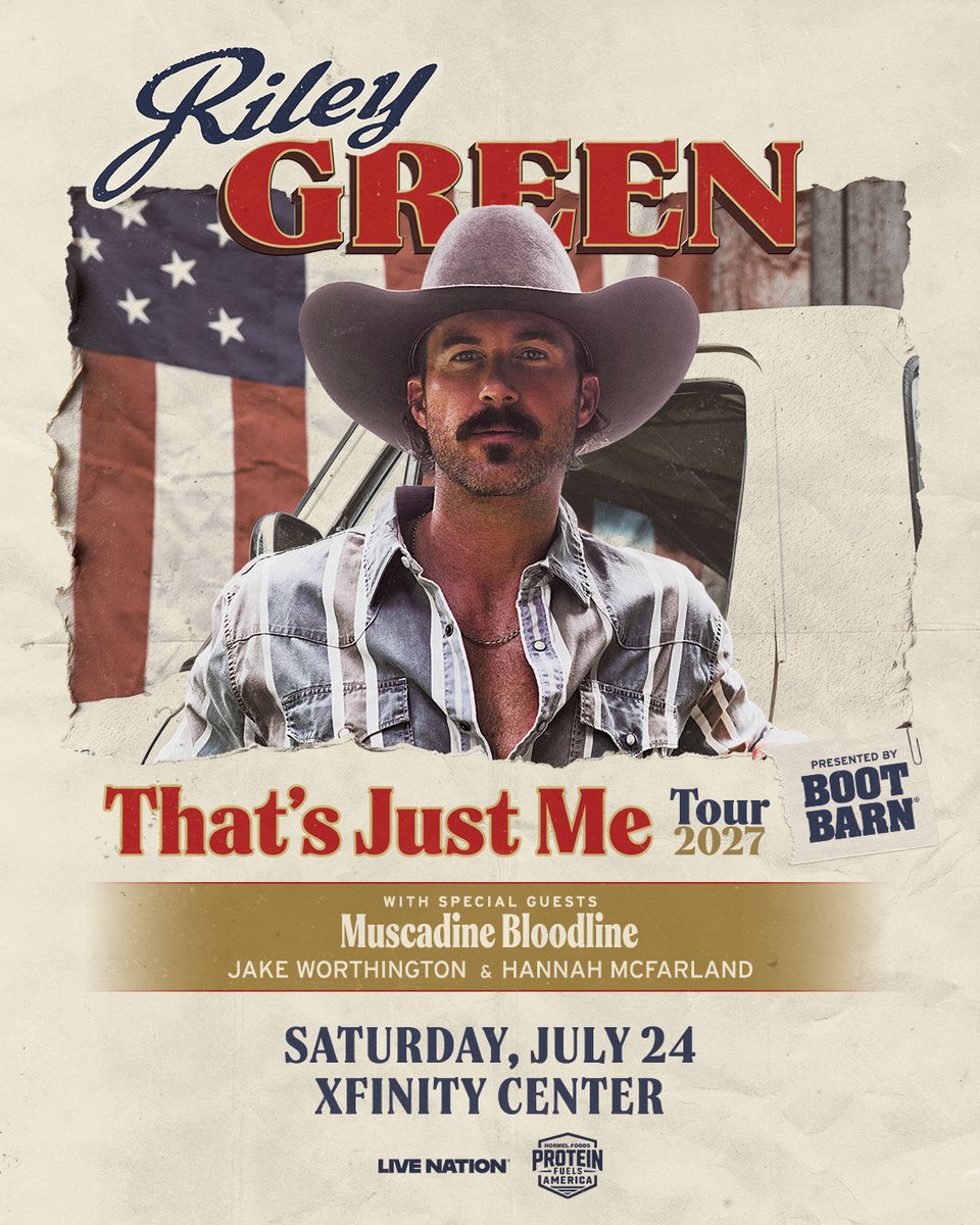 XfinityCenter's tweet photo. JUST ANNOUNCED! 🤠 @RileyGreenMusic is coming to Xfinity Center on July 24 for the That’s Just Me Tour with Muscadine Bloodline, Jake Worthington &amp; Hannah McFarland! Tickets on sale this Friday, Oct 2nd @ 10AM local. 🎫 https://t.co/69vdi7Oc1g https://t.co/qKNceUTxT6