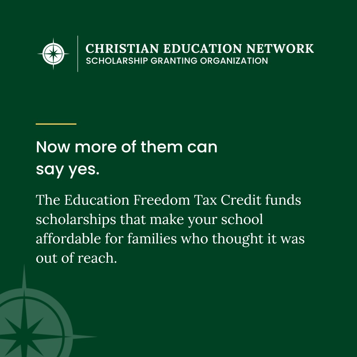 CENSGO's tweet photo. Plenty of families want a Christian education. Tuition is often the reason they couldn't choose your school.

The Education Freedom Tax Credit funds scholarships that make your school affordable, so more families can say yes.

Book a call: https://t.co/0ERijVS1Gf https://t.co/2xNXknbJmh
