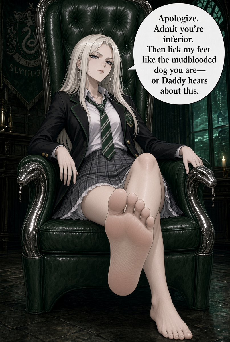 RoshisAtelier's tweet photo. Malfoid gives a generous ultimatum.

#Slytherin #Hogwarts #FemDraco #AnimeGirl #SchoolUniform #Tsundere #SlytherinGirl #Flustered #Blushing #Miniskirt #PantyPeek #HarryPotter #feet  #footworship #femdom #baresoles https://t.co/FutvxaRyzu