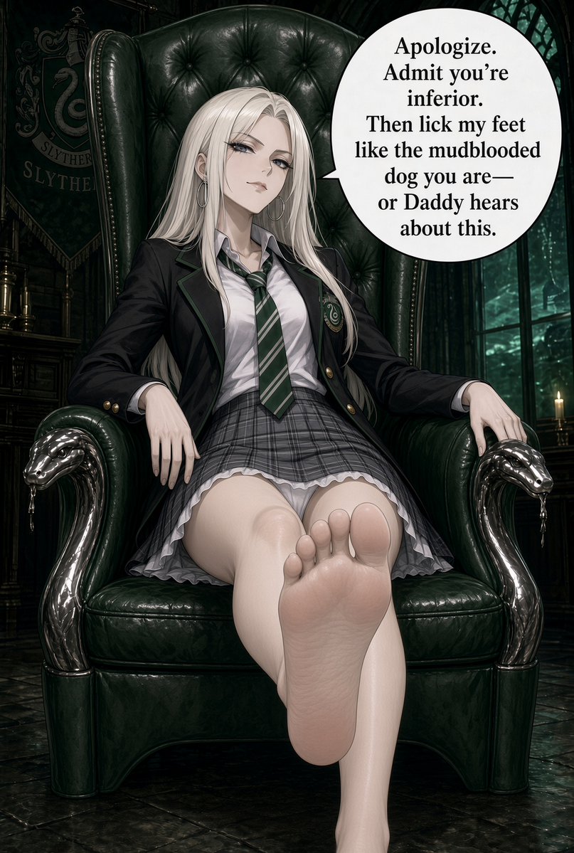 RoshisAtelier's tweet photo. Malfoid gives a generous ultimatum.

#Slytherin #Hogwarts #FemDraco #AnimeGirl #SchoolUniform #Tsundere #SlytherinGirl #Flustered #Blushing #Miniskirt #PantyPeek #HarryPotter #feet  #footworship #femdom #baresoles https://t.co/FutvxaRyzu