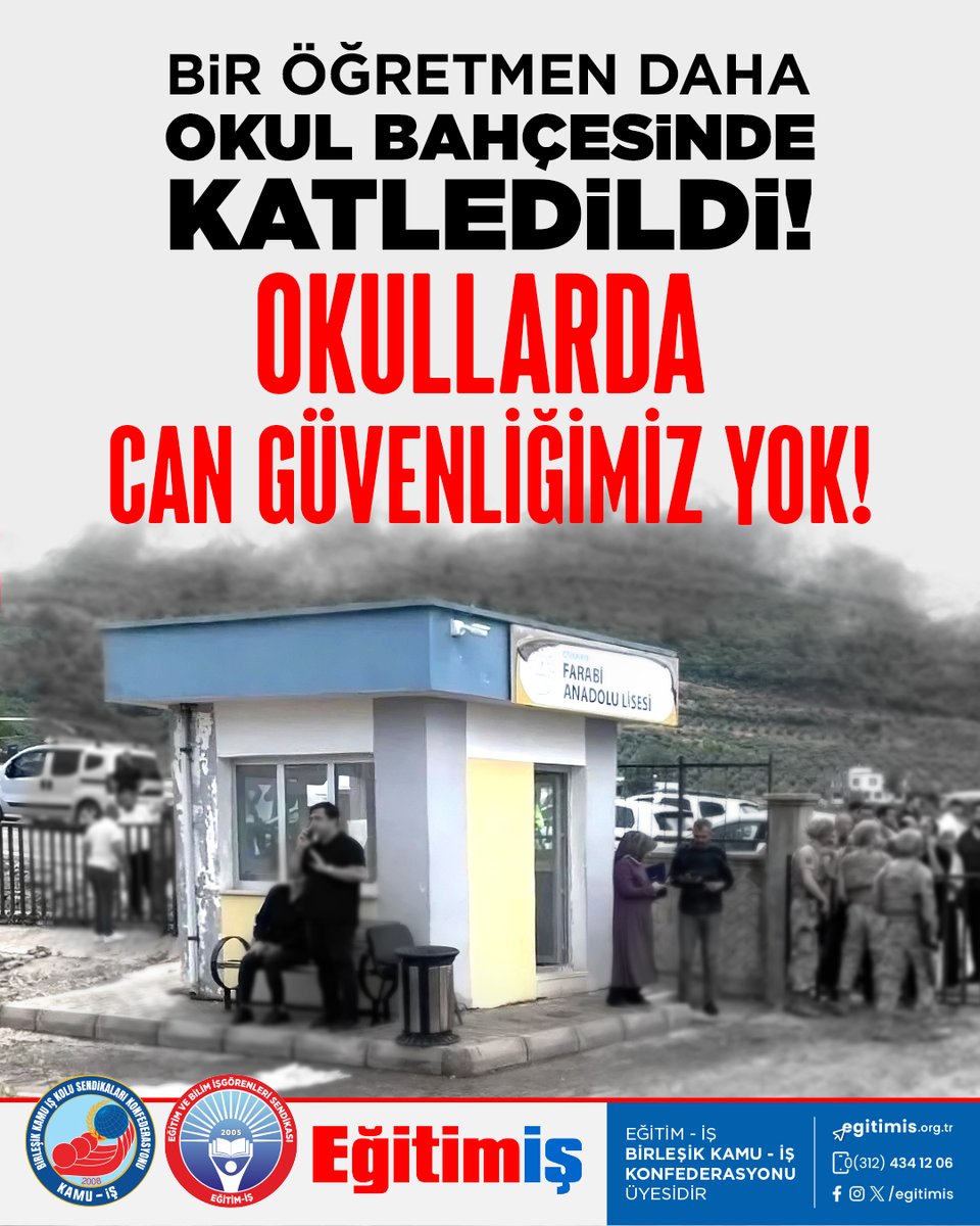egitimisorg's tweet photo. Osmaniye Farabi Anadolu Lisesinde görev yapan meslektaşımız Mehmet Bilgili, okul bahçesinde uğradığı silahlı saldırı sonucu yaşamını yitirmiştir.

Görevinin başında, çalıştığı okulun bahçesinde yaşamdan koparılan meslektaşımız Mehmet Bilgili’ye rahmet; ailesine, yakınlarına, çalışma arkadaşlarına, öğrencilerine ve tüm eğitim camiasına başsağlığı diliyoruz.

Öfkemiz büyüktür!
Osmaniye Valiliği tarafından yapılan açıklamada saldırının nedeninin “kişisel husumet” olduğu belirtilmiştir. Ancak saldırının nedeni ne olursa olsun değişmeyen, görmezden gelinemeyecek bir gerçek vardır:

Bir öğretmen, görev yaptığı okulun bahçesinde silahlı saldırıya uğramış ve hayatını kaybetmiştir.

Osmaniye Valisinin “kişisel husumet” açıklaması, okulların güvenliğinin nasıl sağlandığına ilişkin soruları ortadan kaldırmaz. Failin kimliği ya da saldırının gerekçesi, okulun ve eğitim emekçilerinin güvenliğinin sağlanmasına ilişkin kamusal sorumluluğu tartışılmaz hale getirmez.

Açıklamamızın tamamını okumak için tıklayınız:
https://t.co/egSapm7JCT