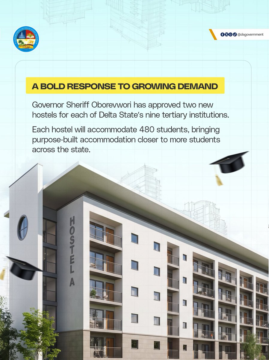 DSGovernment's tweet photo. With more students now pursuing higher education across Delta’s state-owned tertiary institutions, the need for adequate accommodation has never been greater. To meet this growing need, Governor Sheriff Oborevwori has approved 18 new hostels across nine institutions, creating 8,640 additional student spaces.