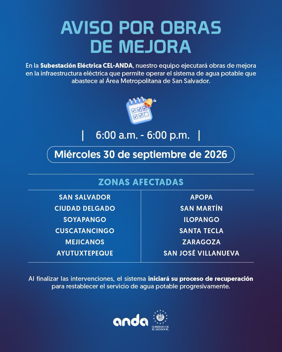 dianavytony's tweet photo. ⚠️ Aviso importante: @ANDASV suspenderá por 12 horas la operación del Sistema Zona Norte este miércoles 30 de septiembre, de 6:00 a. m. a 6:00 p. m., por trabajos de mejora en su infraestructura eléctrica. 💧
#ANDA #ServicioDeAgua https://t.co/JNJ5o1LeQL