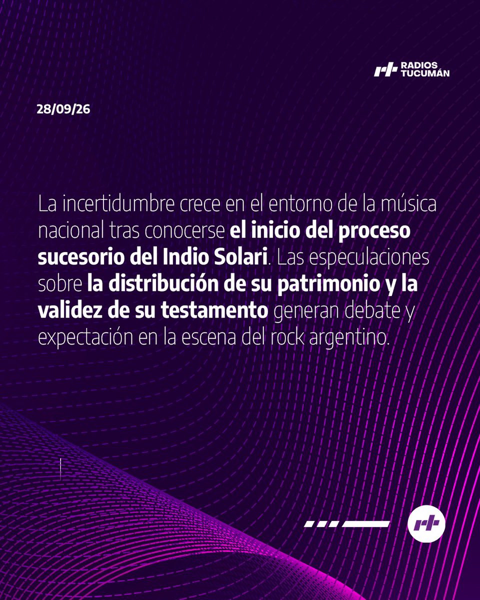 radiostucumanok's tweet photo. ATENCIÓN 💣 Comenzó el proceso sucesorio del Indio Solari y se abrieron fuertes dudas sobre su testamento. La distribución del patrimonio y los derechos de autor generan incertidumbre en la escena del rock nacional 💥
#IndioSolari #Noticias https://t.co/hHsUpH0WHg