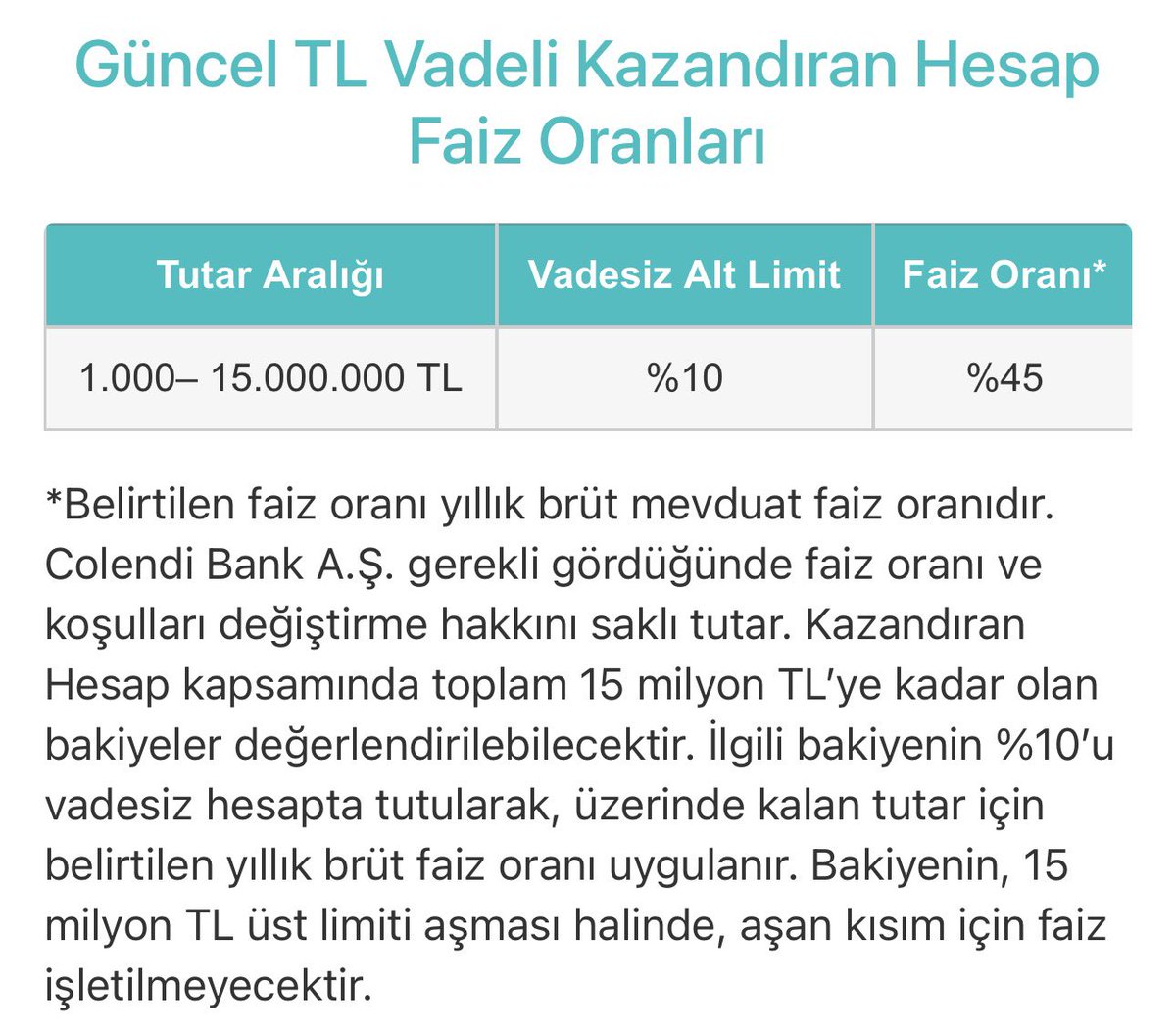 briefekonomi's tweet photo. ColendiBank Kazandıran Hesap’ta şöyle bir sistem var.

♦️ 1.000 TL’den 15 milyon TL’ye kadar olan bakiyenizi yıllık %45 faizle günlük değerlendirebiliyorsunuz.

♦️ Para gün içinde normal hesabınızda duruyor. İsterseniz gönderin, harcayın, çekin. Kullanım açısından normal banka hesabından pek farkı yok.

♦️ EFT ve havale işlemlerinizi de normal şekilde yapabiliyorsunuz.

♦️ İş günlerinde saat 17.00’ye kadar hesapta olan paranız o gece faize giriyor. Hafta sonu ve tatillerde biriken faiz de ilk iş günü hesabınıza yatıyor.

♦️ Yani gün içinde paranız lazım olursa kullanabiliyorsunuz. Kullanmadığınızda da hesapta boş boş beklemiyor.

Detaylı incelemek isteyenler için link bırakıyorum: https://t.co/mKgdYjdmOM

#reklam