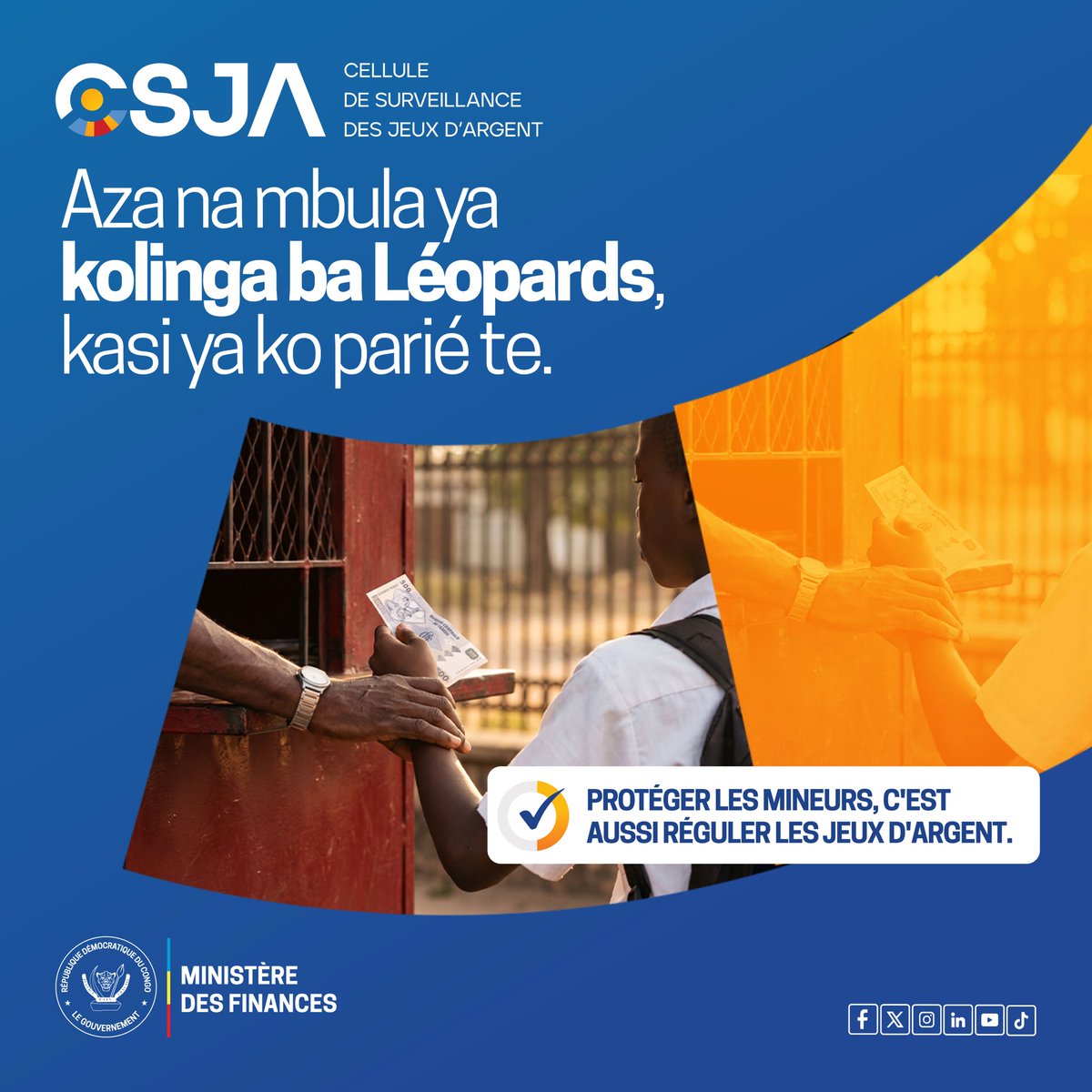 CSJARDC's tweet photo. Aza nanu na mbula yako beta masano ya mbongo te.
Le @financesrdc, à travers la CSJA, rappelle que le jeu doit rester un divertissement.

⚠️Protéger les mineurs, c’est aussi réguler les jeux d’argent.

#CSJA #JeuResponsable #FinancesRDC https://t.co/MiUjAdxhHQ