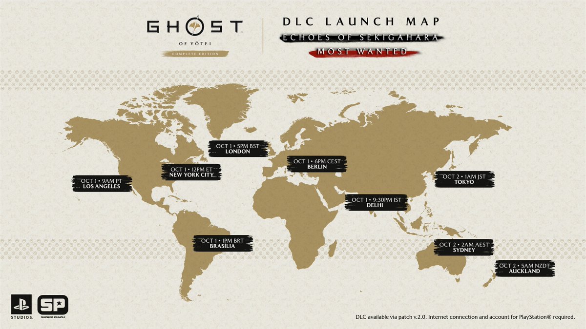 PlayStationIN's tweet photo. Here's when Ghost of Yōtei Echoes of Sekigahara goes live across the world. 

#psindia #ghostofyotei https://t.co/TPlgJ4CgtK