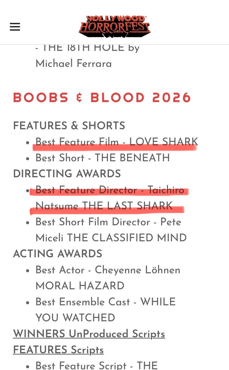 idosharkbs's tweet photo. 🎉🏆 #hollywoodhorrorfest 2026🏆🎉

＼＼ 🦈✨まさかの2冠！！！✨🦈／／

🇺🇸ハリウッドのホラー映画祭で
『ラブ・シャーク』が【作品賞】受賞！！
『ラスト・シャーク』が【監督賞】受賞！！

ビッグサマーのサメ映画がハリウッドで評価されました！！😭🔥
夏目監督、おめでとうじゃい🎊 https://t.co/ir2LNZPG96