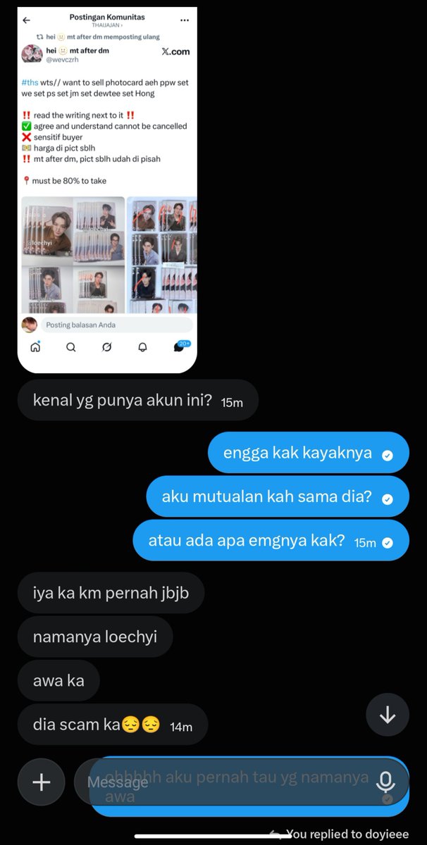 cigarettexecs's tweet photo. mutsss aku ada yg kenal dia ga? katanya namanya awa (aku mutualan ma dia tapi lupa²inget awa yg mana tpi rasanya pernah dm'an dgn yg namanya awa cuma takutnya beda) 

usnnya @.wevczrh/@.loechyi

dia scammer guys katanya🥹🥹🥹 dan skrg akun X-nya juga deact soalnya gabisa disearch https://t.co/Qmw9fCAWaA