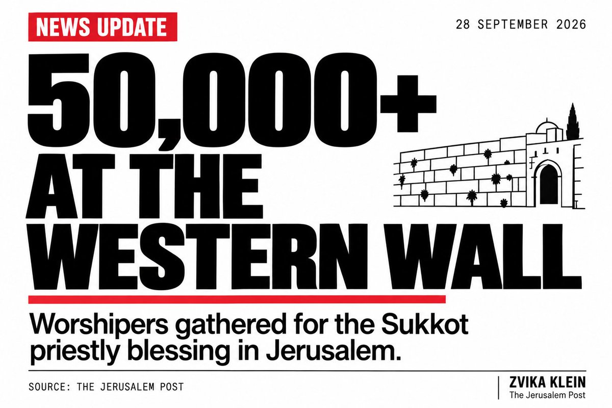 ZvikaKlein's tweet photo. More than 50,000 worshipers gathered at Jerusalem’s Western Wall today for Birkat Kohanim, the priestly blessing, during Sukkot.

The large holiday gathering has been held for more than 50 years. The Western Wall Heritage Foundation says an additional blessing event was added this year to ease crowding and allow more people to take part.

The Jerusalem Post has footage and photographs from the gathering. Link in the reply.