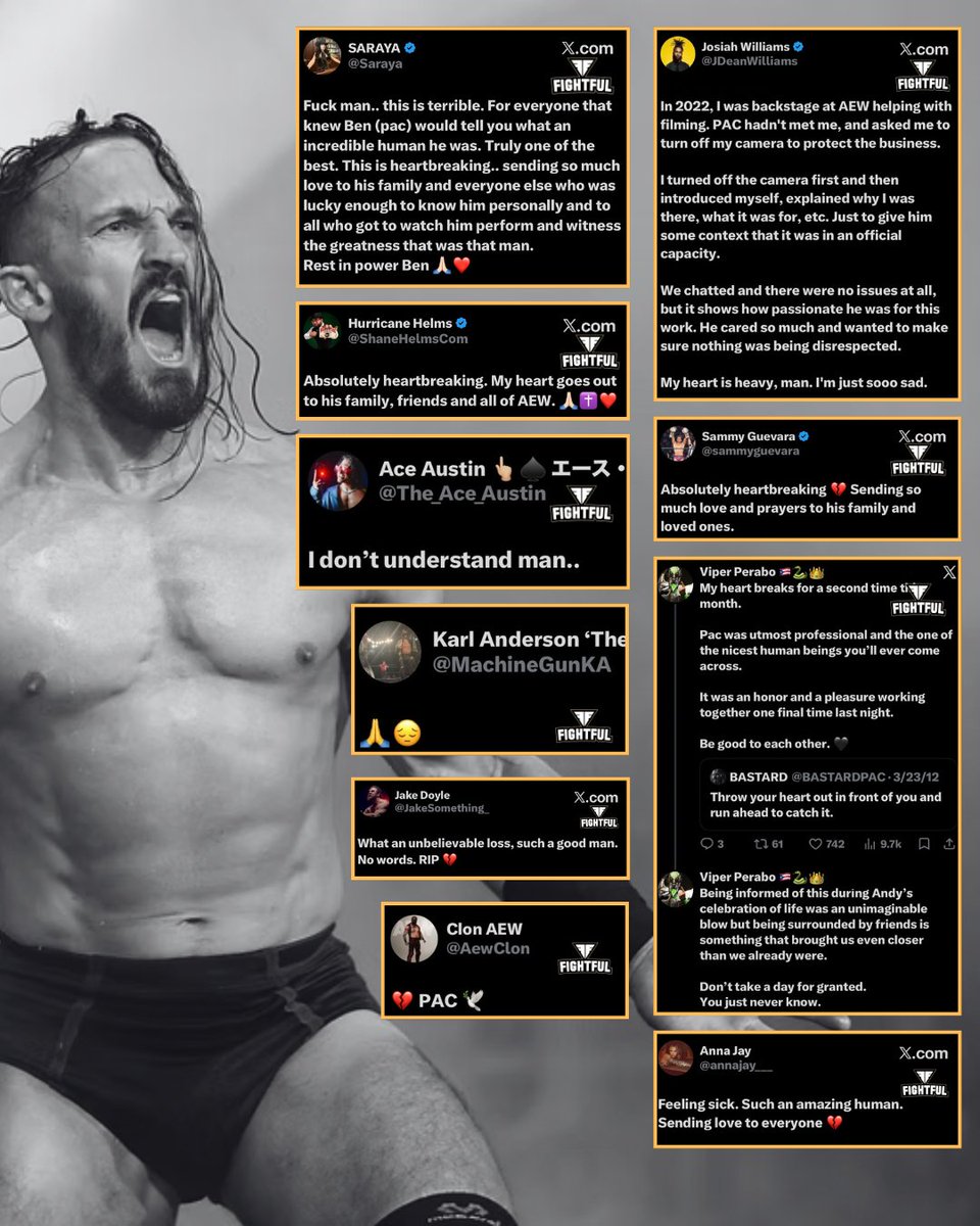 Fightful's tweet photo. Wrestlers paying tribute to PAC.

He was so loved by many.

❤️ https://t.co/A1cLVzw8I1