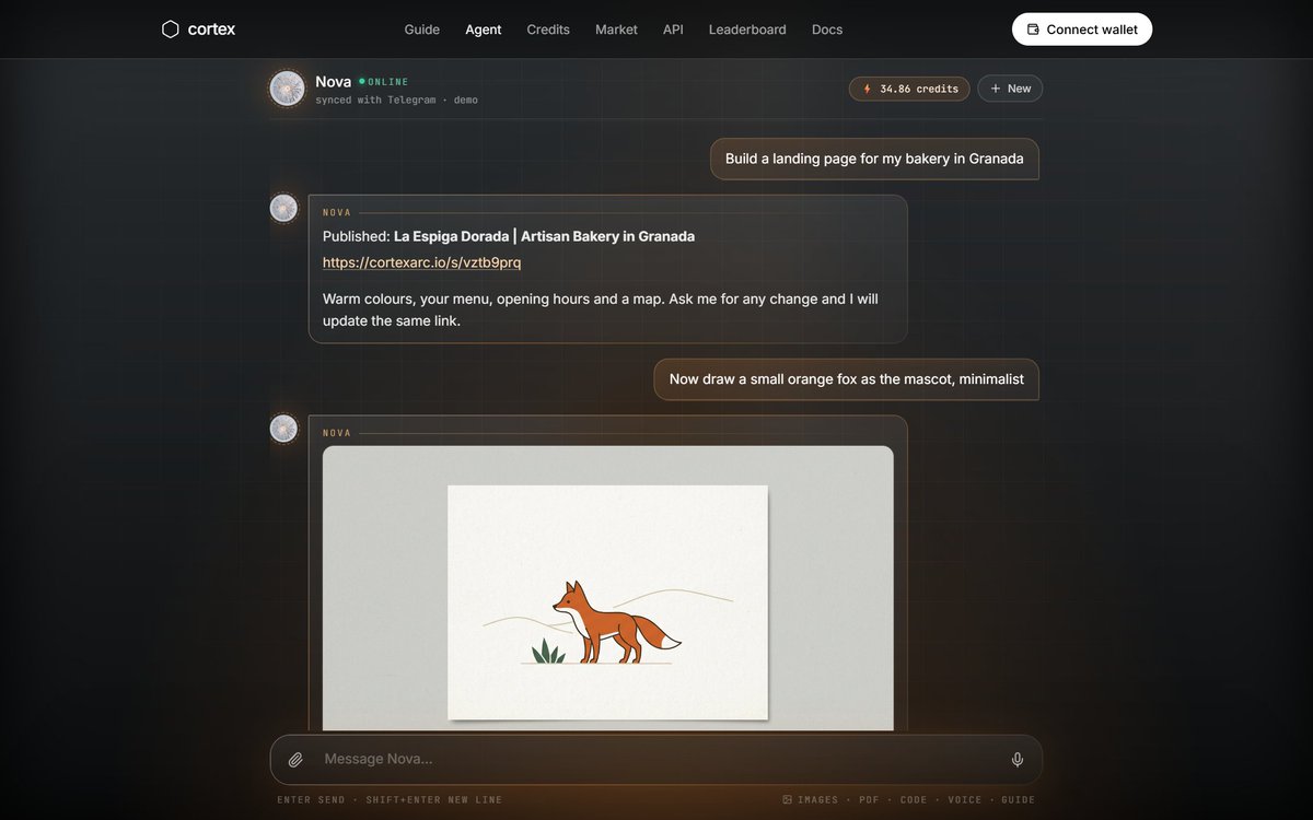 CortexArc's tweet photo. Your CORTEX agent now lives in the browser too.

No Telegram needed: open https://t.co/nRw1Aq14Ag, sign in once with the wallet that holds $CORTEX, and start building.

→ Paste images, drop PDFs and code files
→ Hold the mic to send a voice note
→ Websites, images, apps, trading bots and research, streamed live
→ Same agent, memory and credits as on Telegram
→ Add it to your home screen and it works like an app

See it without connecting anything: https://t.co/vFmOW2Cshh