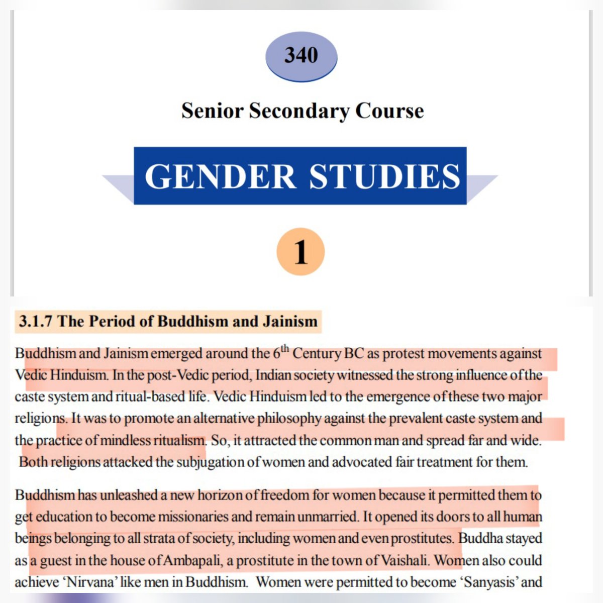 neha_laldas's tweet photo. "Vedic Hinduism had mindless ritualism &amp; caste system. It oppressed women. Buddhism unleashed a new horizon of freedom for women &amp; permitted them to get education."

-Written in Page 42, Gender studies (senior secondary), NIOS textbook

This is what is being taught to our kids👇 https://t.co/wbDPGXcTAM