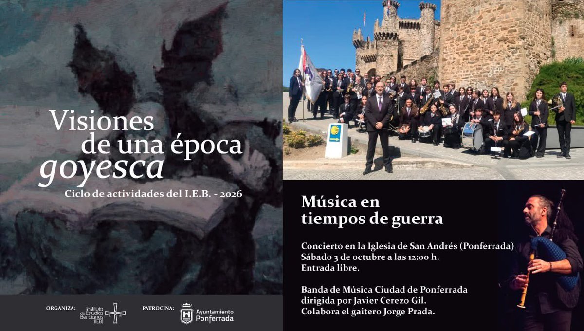 ponfemuseos's tweet photo. 🎶 La música nos acerca a la historia.

Este sábado 3 de octubre, la Banda de Música «Ciudad de Ponferrada», junto al gaitero Jorge Prada, nos invita a descubrir las marchas militares del siglo XIX en el concierto «Música en tiempos de guerra».

@AytoPonferrada @IEB_Bierzo https://t.co/dW9hThymxI
