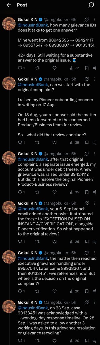amgokulkn's tweet photo. How many complaint IDs can one bank mint before someone just… answers? 😂

@MyIndusIndBank is on 5.

42 days. One original question.
Their latest response?

“We’re following up 89557547.”

The full trail is right here 👇

88942596 → 89424117 → 89557547 → 89938307 → 90133451

@RBI — at what point does a grievance get a substantive answer?

#IndusIndBank #CustomerService #Banking