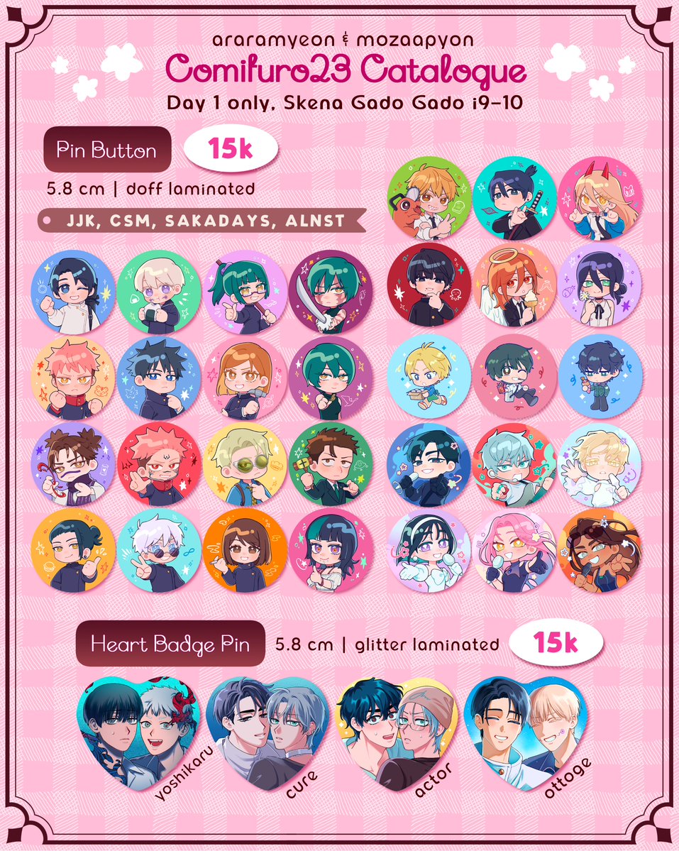 araramyeon's tweet photo. 💗🔄 appreciated
#CF23 PO catalogue is here!

📆 28 Sept - 4 Okt
📍 Skena Gado Gado (i9-10), saturday only
🍎 JJK, CSM, ALNST, Vocaloid, Sakadays
🛒 Artbook, doujin, pin button etc.
🌐 Intl GO DM first
🔗 Form link below ⬇️

#cf23catalogue (1/2) https://t.co/Sv9im8sKKy