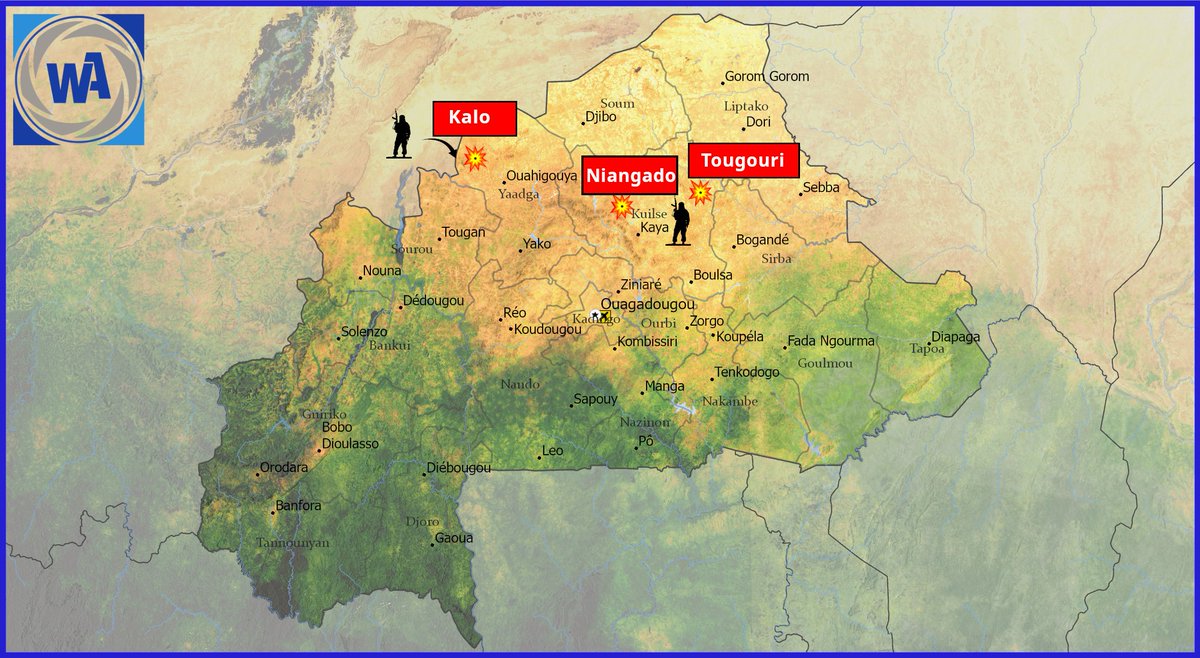 Wamaps_news's tweet photo. Burkina Faso 🇧🇫 | Le JNIM a revendiqué plusieurs attaques contre des emprises militaires des Forces Armées Burkinabés ces derniers jours. 

🔴 Le 27/09, le groupe terroriste aurait pris le contrôle d'un quartier général de l'armée 🇧🇫 à Tougouri, à proximité de Kaya dans la région Centre-Nord, ainsi qu'un avant-poste militaire de VDP. 

🔴 Le JNIM a assuré avoir pris le même jour le contrôle total d'une caserne des FAB à Kalo, dans la zone de Ouahigouya (province du Yatenga au nord du pays ).

🔴 Dans la matinée du 28/09, le groupe terroriste aurait également ciblé une position des VDP à Niagoudou, toujours à proximité de Kaya.