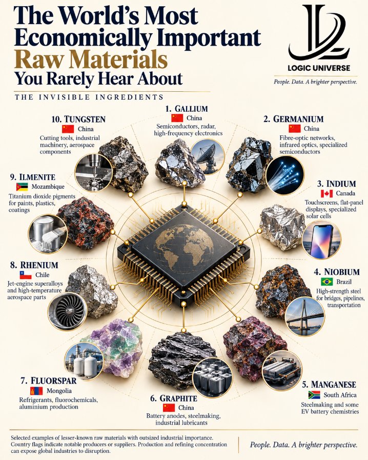 LogicUniv's tweet photo. 🌍 The World’s Most Economically Important Raw Materials You Rarely Hear About

🇨🇳 Gallium — Advanced semiconductors, radar and high-frequency electronics.
🇨🇳 Germanium — Fibre-optic networks, infrared optics and specialized semiconductors.
🇨🇦 Indium — Touchscreens, flat-panel displays and specialized solar cells.
🇧🇷 Niobium — High-strength steel used in bridges, pipelines and transportation.
🇿🇦 Manganese — Steelmaking and certain EV battery chemistries.
🇨🇳 Graphite — Battery anodes, steelmaking and industrial lubricants.
🇲🇳 Fluorspar — Refrigerants, fluorochemicals and aluminium production.
🇨🇱 Rhenium — High-temperature superalloys for jet-engine components.
🇲🇿 Ilmenite — Titanium dioxide pigments used in paints, plastics and coatings.
🇨🇳 Tungsten — Cutting tools, industrial machinery and aerospace components.