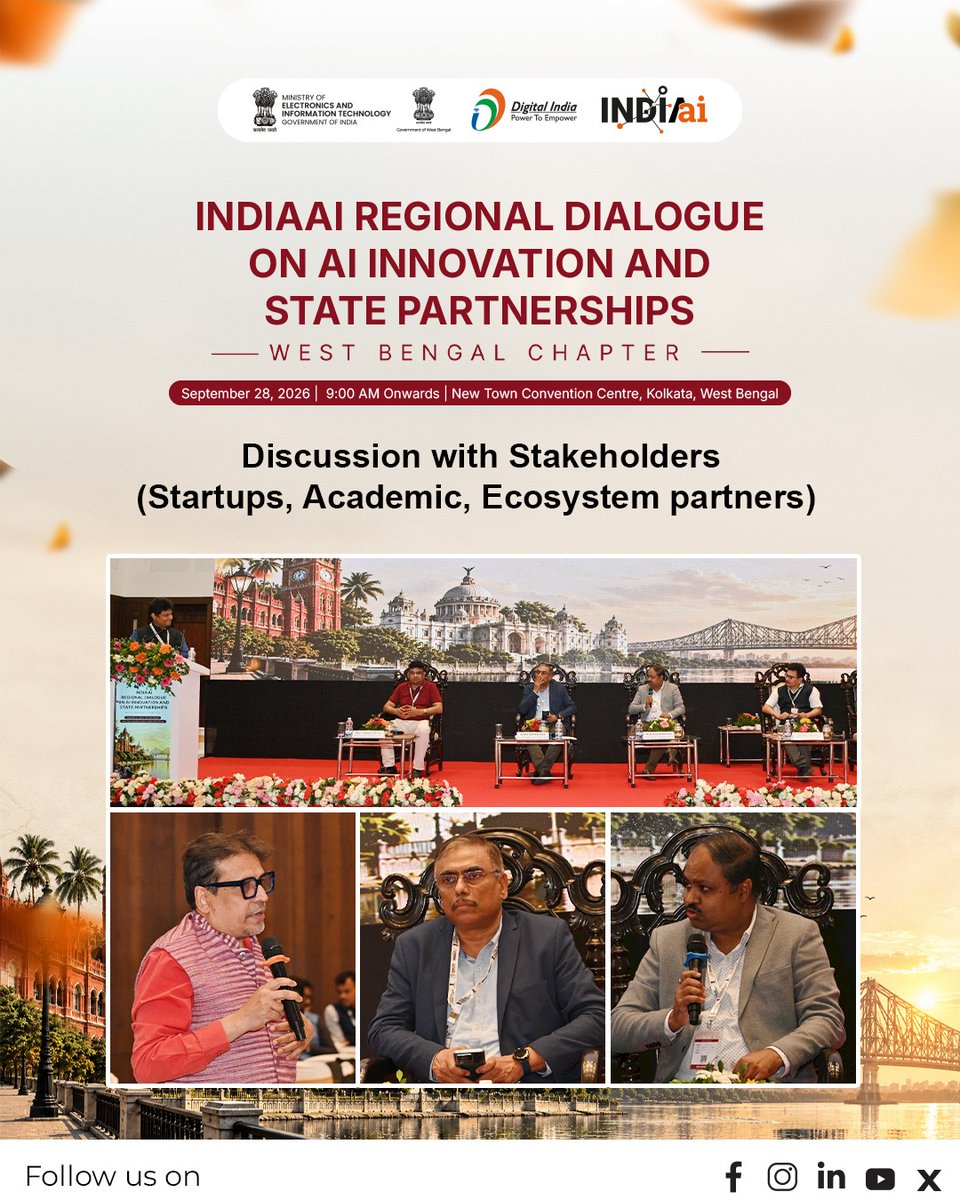 OfficialINDIAai's tweet photo. Driving AI innovation and state partnerships forward! 
Today at the IndiaAI Regional Dialogue (West Bengal Chapter) held at the New Town Convention Centre, Kolkata, key stakeholders—including startups, academia, and ecosystem partners—came together to discuss collaborative growth and the future of artificial intelligence.   

#IndiaAI #ArtificialIntelligence #TechInnovation #WestBengal #DigitalIndia #AIStartups

@AshwiniVaishnaw @JitinPrasada @SecretaryMEITY @sudeep_tweets @_DigitalIndia @GoI_MeitY @mygovindia @news_webel