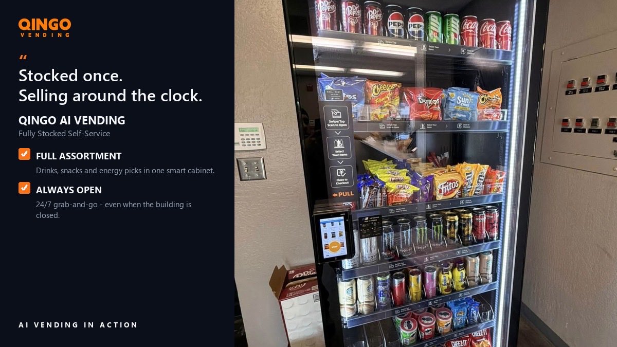 QingoVending's tweet photo. Checkout that starts when the door closes.
AI recognizes every item. No lines, no scanning, no waiting.
#AIVending #qingovending #vendingmachine https://t.co/S9ojcZ5qop