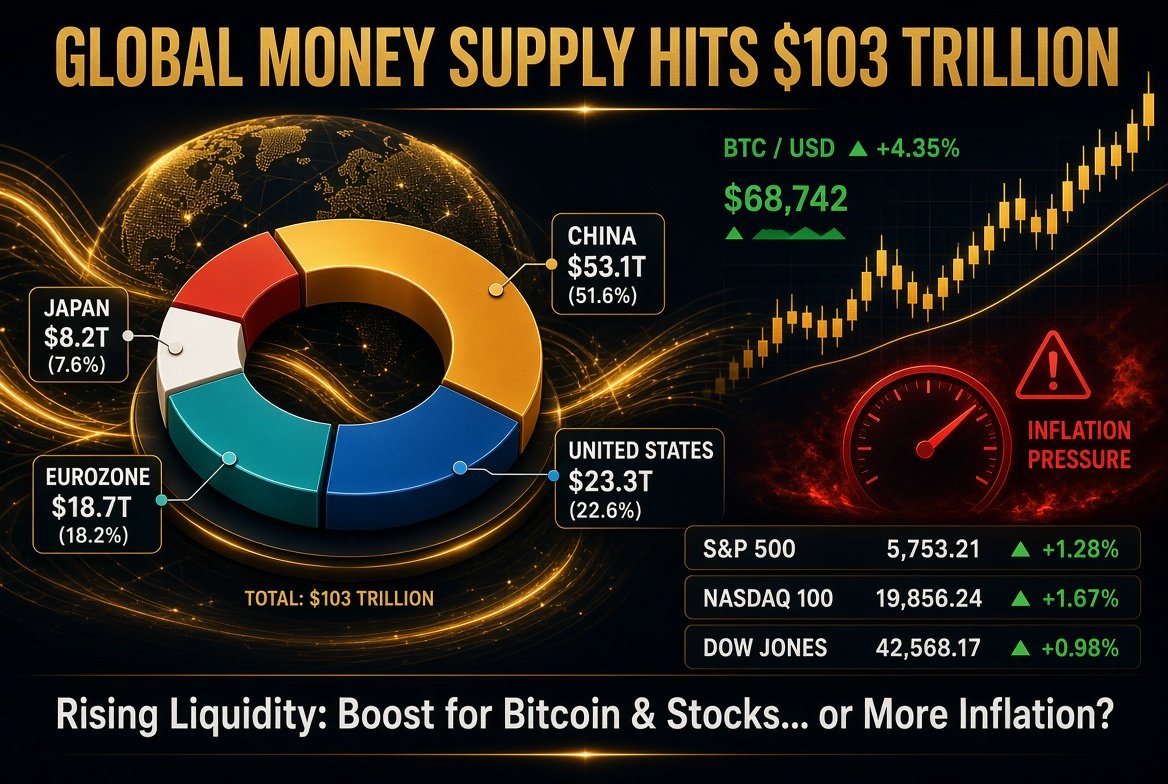 alts_holder's tweet photo. Global Money Supply Hits $103 Trillion: Could Rising Liquidity Push Bitcoin and Stocks Higher or Fuel More Inflation?

Global money supply has climbed to a level not seen before, with liquidity now in focus. As global M2 has reached $103 trillion, it could create stronger demand for risk assets like Bitcoin and stocks. But at the same time, investors are worried about inflationary pressures, which could limit how much of this liquidity could actually flow into financial markets.

Notably, China has the highest proportion with around $53.1 trillion. This is followed by the US at $23.3 trillion. The eurozone accounts for about $18.7 trillion, while Japan accounts for about $8.2 trillion.

For context, M2 is a broad measure of money supply, including cash and other liquid assets. The assets include checking and savings deposits, small time deposits, and retail money market funds. According to the Federal Reserve, M2 is a measure that covers highly liquid forms of money that can be converted into cash.

Significantly, the rise in global liquidity could provide some support for Bitcoin and stocks. This is mainly because of a possible change in investor sentiment. When the financial system holds more money, investors may be more encouraged to take on risk.

Historically, Bitcoin has remained correlated with changes in global M2. Periods of rising liquidity have often resulted in stronger Bitcoin prices. When liquidity grows, investors may have more capital available for assets such as crypto and equities.

#alts_holder