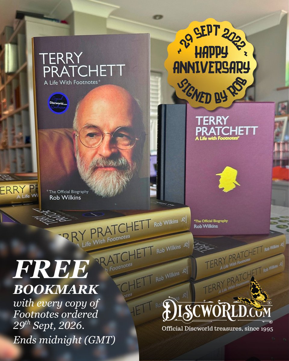 Discworld_com's tweet photo. Celebrating the anniversary of the release of Terry Pratchett:  A Life With Footnotes, by Rob Wilkins. 4 years old today!
In celebration we are giving away a FREE BOOKMARK with every copy ordered today. Choose from our exclusive purple edged hard back and slipcase editions.
Offer ends midnight (GMT) 29th September, 2026

📚 https://t.co/1ISUQQfvoV

#Discworld #DiscworldMerchandise #TerryPratchett #SirTerryPratchett