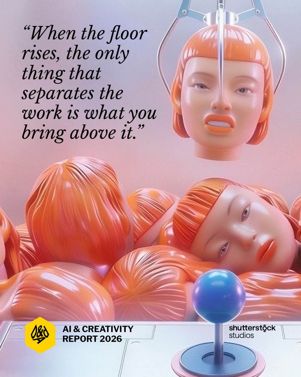 dandad's tweet photo. AI can generate ideas. But it still takes a human to decide what’s worth making. 

D&amp;AD’s The Cost of the Shortcut, sponsored by Shutterstock Studios, explores six reckonings for creativity, drawing on insights from 197 industry leaders.

Free download: https://t.co/vVBEOMNGxA https://t.co/nJDHC51nuN