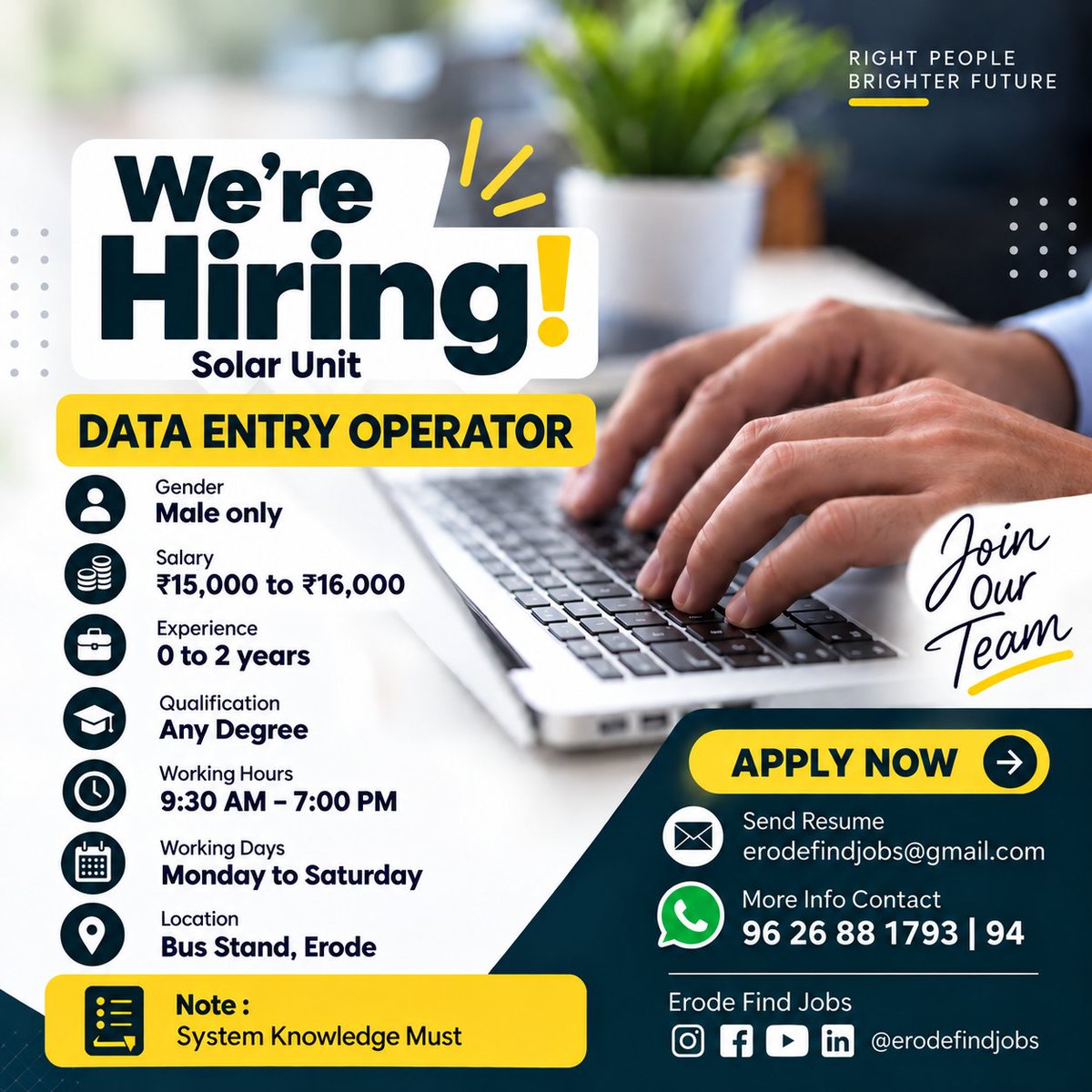 Erodefindjobs's tweet photo. WE ARE HIRING!
Data Entry Operator – Erode Bus Stand
.
.
.
#dataentryoperator #DataEntryJobs
#dataentryoperatorjobs #dataentryjobvacancy #erodejobs #erodecity #ErodeJobVacancy
#ErodeHiring #erodejobseekers
#TamilnaduJobsForTamils #jobvacancy
#JobOpening #computeroperatorpractical https://t.co/kB9xLqleGH