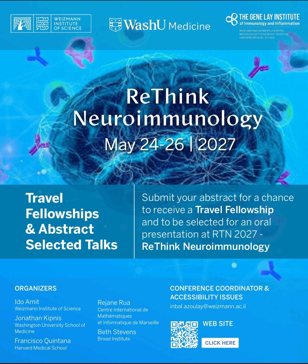 IdoAmitLab's tweet photo. 📢 Travel fellowships for #RTN2027!
Submit your abstract for a chance to receive a fellowship and give an oral presentation.
Come ReThink Neuroimmunology with us!
May 24–26, 2027 | @WeizmannScience
Abstract deadline: Feb 1, 2027
https://t.co/D9v9nQKQxQ
#Neuroimmunology https://t.co/fZMku4qp6Z