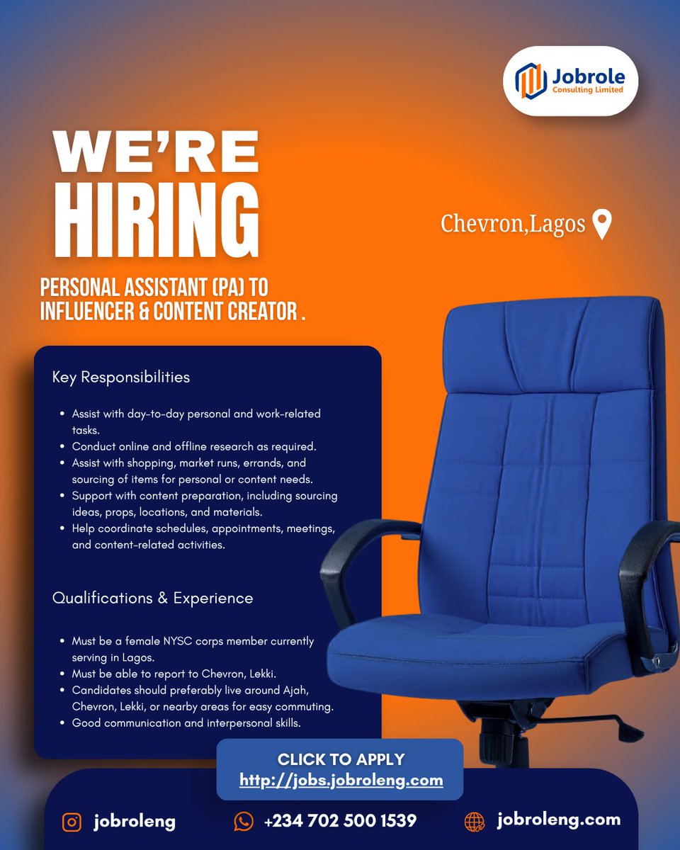 jobroleng's tweet photo. WE ARE HIRING!
Job title: PERSONAL ASSISTANT to Influencer & Content Creator .
Location: Chevron, Lagos State
Interested candidates should apply using the link..
https://t.co/zU6gwWZaYw or send your Cv to jobroleconsulting@gmail.com
#Hiring
#Personalassistant
#JobOpenings https://t.co/hkgqQELeOV