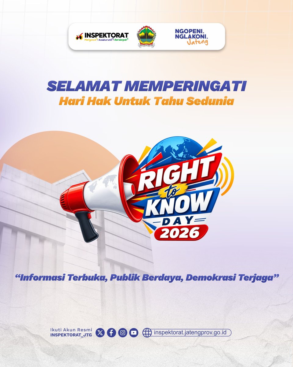 inspektorat_jtg's tweet photo. Selamat Hari Hak Untuk Tahu Sedunia 2026!
Mari bersama membangun budaya keterbukaan informasi dengan menghadirkan informasi yang akurat, transparan dan dapat dipercaya.
"Informasi Terbuka, Publik Berdaya, Demokari Terjaga"
#RightToKnowDay2026 #KeterbukaanInformasi https://t.co/UtOBuKGQQv