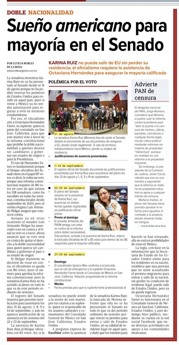 letroblesrosa's tweet photo. ‼️EXTRA‼️ El Sueño Americano de la senadora morenista Karina Ruiz metió en aprietos a la mayoría en el @senadomexicano 

No puede venir a México a votar contra la doble nacionalidad para presidir el país, porque se venció su permiso de residencia en EU 🤓

Vendrá su suplente

https://t.co/a3ZyOjaJxo