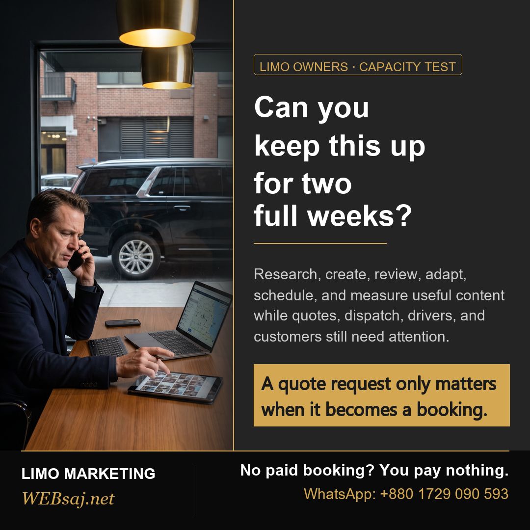 HelloSumonZaman's tweet photo. One post is easy. The real test is 14 days of research, visuals, platform edits, scheduling, replies, and measurement while quotes, chauffeurs, customers, and dispatch need attention. Track what gets dropped first. That is the gap in your marketing system. https://t.co/x8ip9rZTqi
