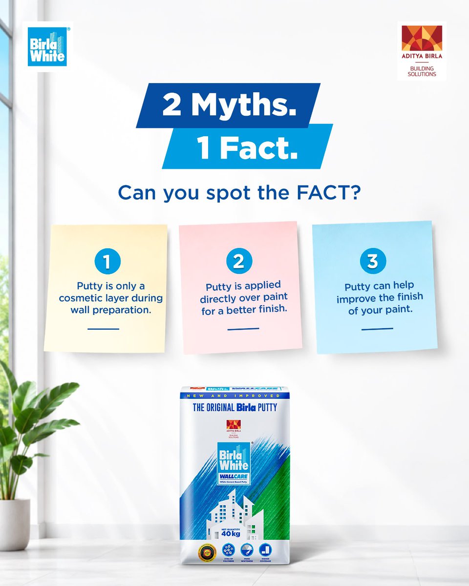BirlaWhite's tweet photo. Not everything you hear about wall putty is true. Can you find the fact above? 

Comment below!👇 For your walls, trust Birla White WallCare Putty for the brightest finish! ✨
 
#BirlaWhite #BirlaWhiteKaWhiteCementAdvantage #WallCarePutty #SmoothWalls #PuttyWhitestTohDeewareinBrightest