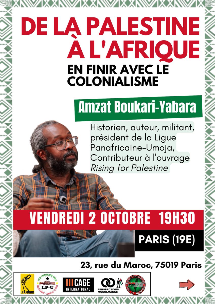 laquestionnoire's tweet photo. De la Palestine à l’Afrique, en finir avec le colonialisme.

Organisé par l’espace Malcolm X.
Avec Raouf Farrah : Politologue, chercheur. Coordinateur de l’ouvrage « Rising for Palestine : Africans in solidarity for Decolonization and Liberation. » 1/3 https://t.co/4JOLqjnhFV
