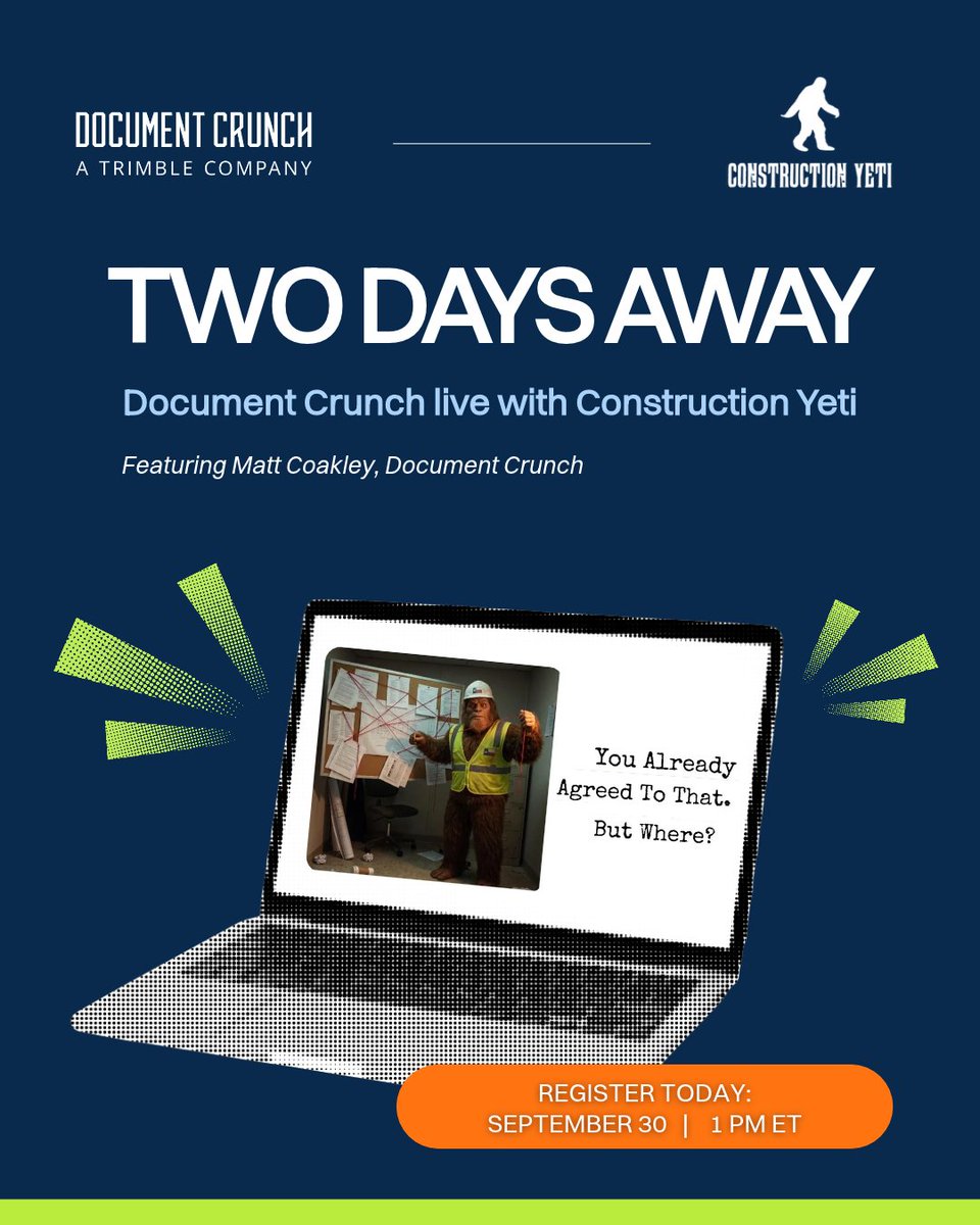 DocumentCrunch's tweet photo. This Wednesday, Construction Yeti is putting Document Crunch to the test. 

🗓️ Wednesday, Sept. 30
👉 Save your spot - register here: https://t.co/Ik0V2MGrLH 

Ready to put Document Crunch to work on your projects?
Start your free trial: https://t.co/dFLrhh7m6Q https://t.co/98PlyYwn31