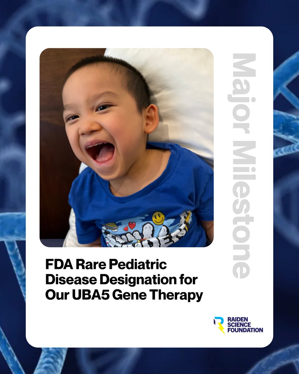 RaidenScience's tweet photo. 🚨 MAJOR MILESTONE for the Raiden Science Foundation!

The FDA has granted Rare Pediatric Disease Designation to our investigational UBA5 gene therapy program.

Another important regulatory milestone as we work to advance UBA5 gene therapy toward the clinic. https://t.co/NNY7QlyePe